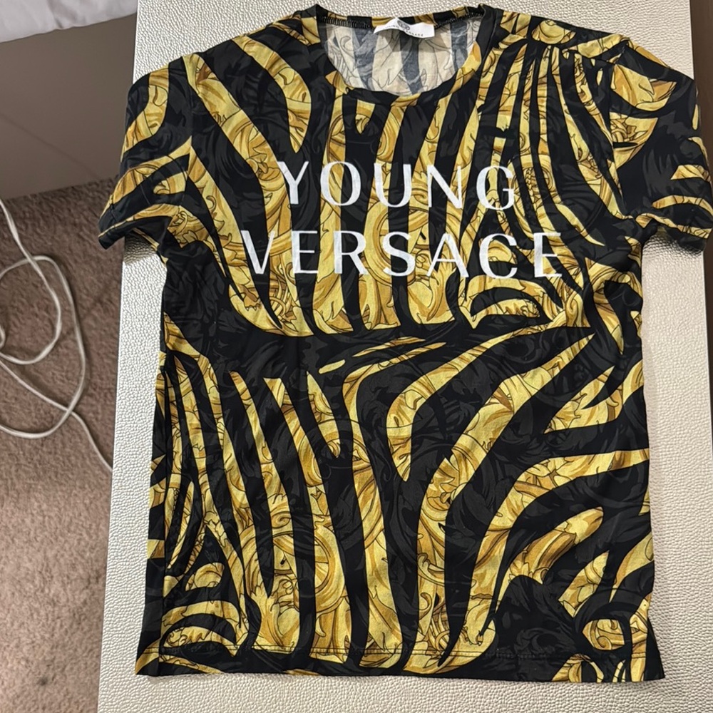 Versace Black and Gold Short Sleeve Tee with Zebra Print